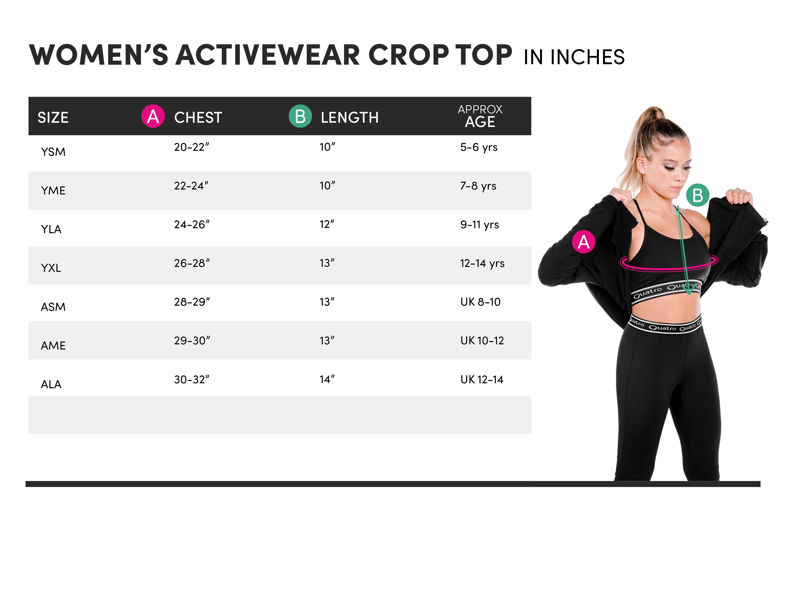 Hellere deres bøf Womens activewear crop top size guide — Quatro Gymnastics UK